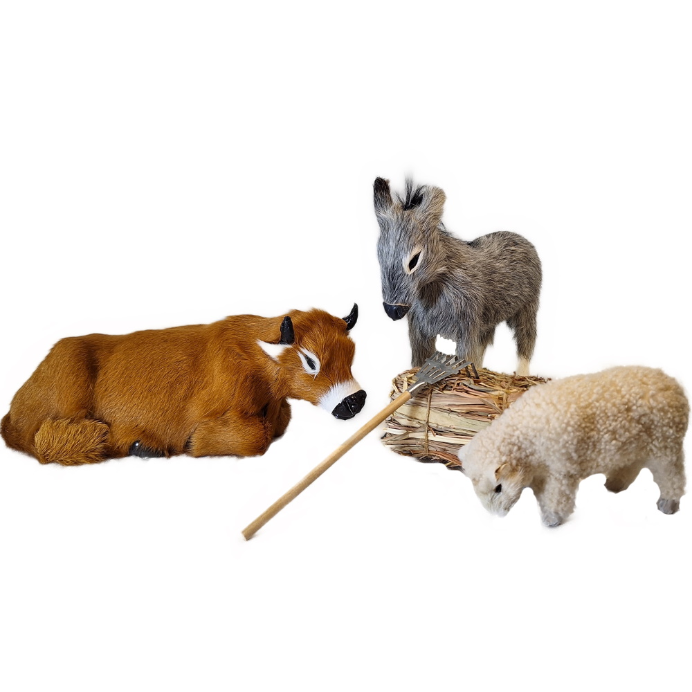 Stalltiergruppe - Ochs, Esel, Schaf, Heuballen, Stallwerkzeug